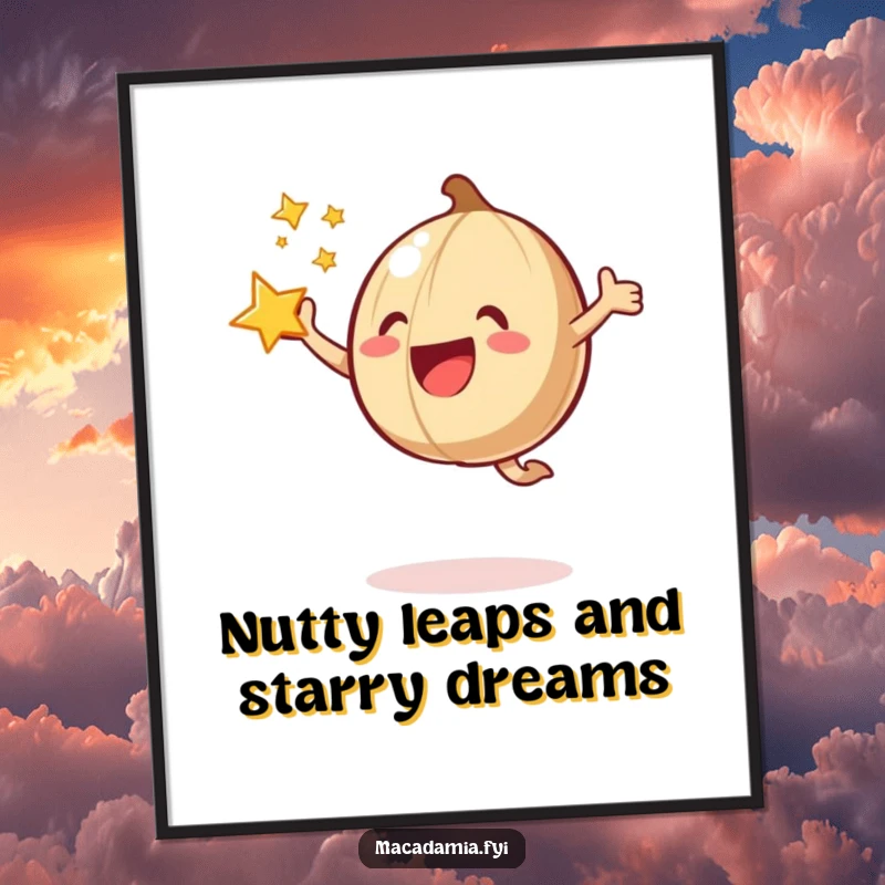 Funny Free Printable Wall Art: A macadamia nut performs a joyful jump with a dazzling star bursting outwards around it.