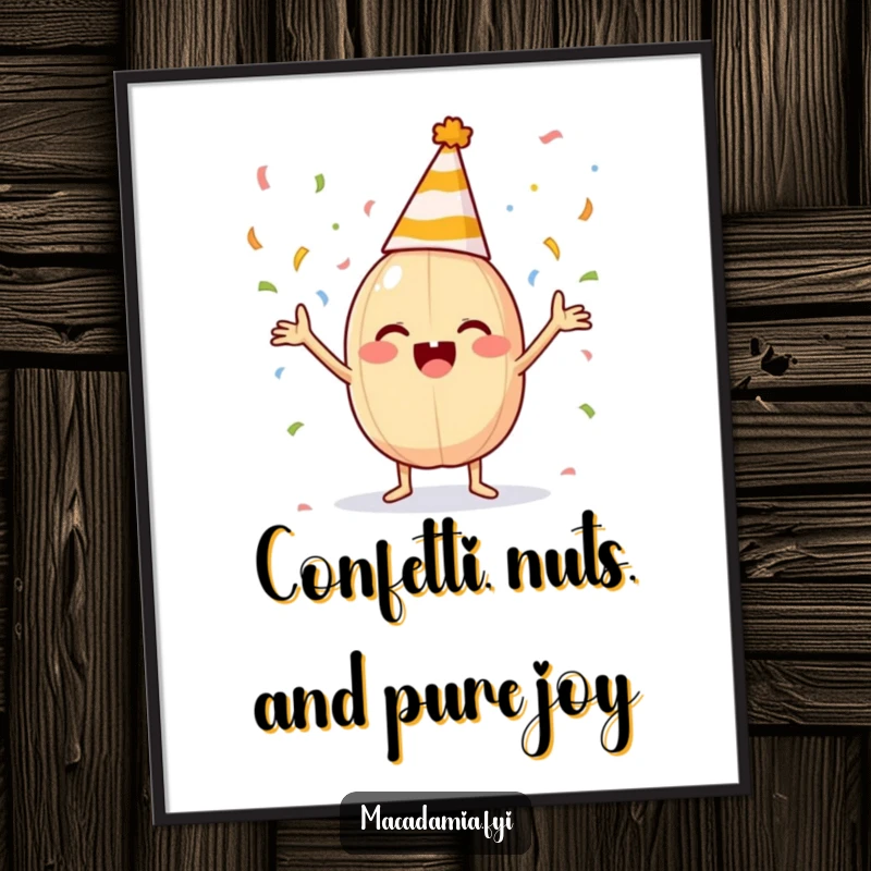Funny Free Printable Wall Art: A macadamia nut wearing a party hat excitedly tosses a shower of colorful confetti with its limbs.
