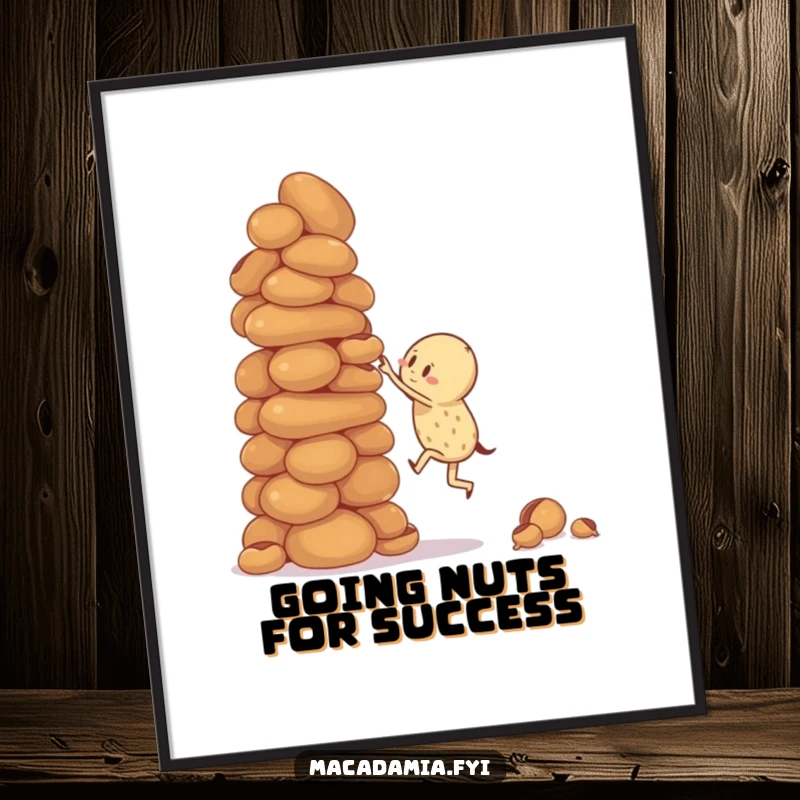 Funny Free Printable Wall Art: Macadamia nut character attempting to climb a giant, wobbly stack of macadamia nuts, symbolizing ambition.