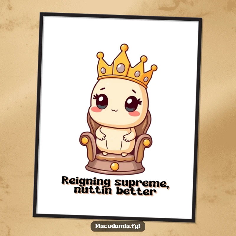Funny Free Printable Wall Art: Macadamia nut character wearing a crown sits proudly on a tiny throne, exuding humor