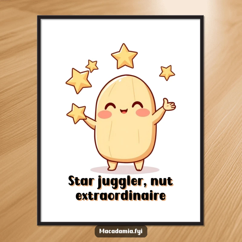 Funny Free Printable Wall Art: A rosy-cheeked macadamia nut skillfully juggles three bright, sparkling stars with a smile.