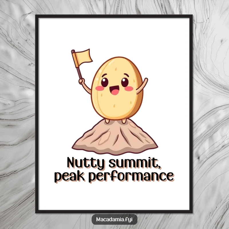 Funny Free Printable Wall Art: A macadamia nut character standing on a tiny mountain peak, waving a miniature flag in a moment of pure excitement.