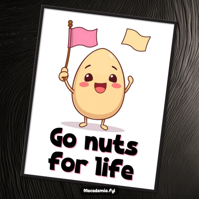 Funny Free Printable Wall Art of a macadamia nut excitedly waving a tiny flag adorned with a funny face.