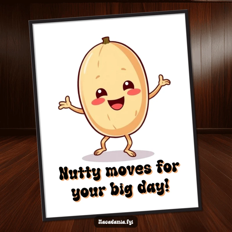 Funny Free Printable Wall Art capturing a macadamia nut character in the midst of a hilariously exaggerated and energetic dance, full of life.