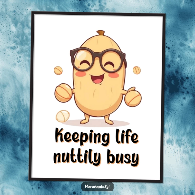 Funny Free Printable Wall Art: A smiling macadamia nut in glasses masterfully juggling three miniature nuts with elan.