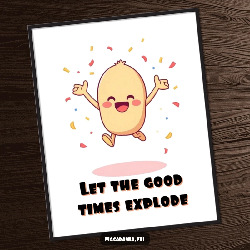 Funny Free Printable Wall Art: Kawaii macadamia nut leaps with joy, tossing confetti.