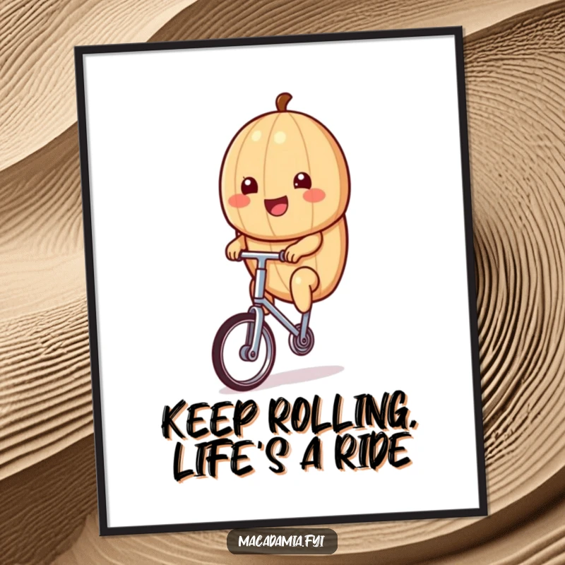 Funny Free Printable Wall Art: Kawaii macadamia nut happily rides a tiny unicycle.