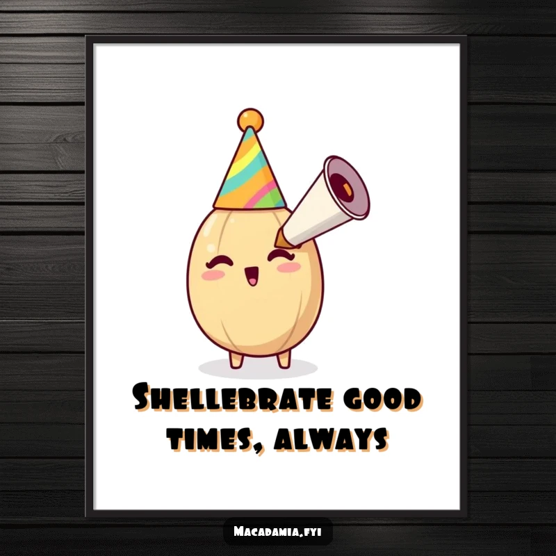 Funny Free Printable Wall Art: Energetic macadamia nut in party hat blasting a giant horn, perfect for festive decor.