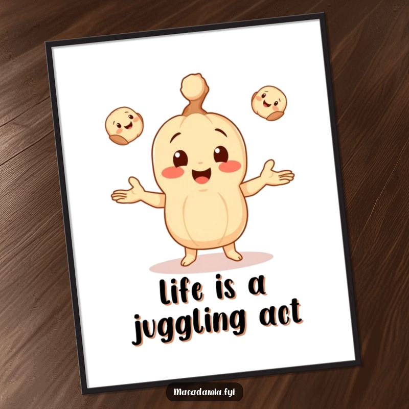 Funny Free Printable Wall Art: Macadamia nut character happily juggling three tiny, smiling macadamia nuts, a whimsical piece of art.