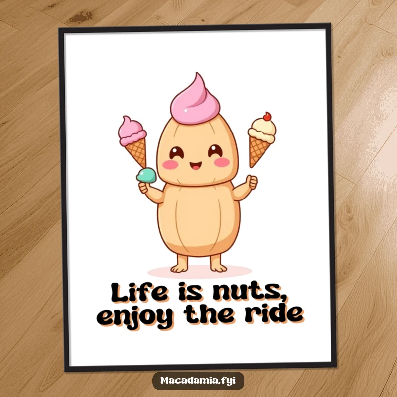 Funny Free Printable Wall Art: Kawaii macadamia nut joyfully juggles three ice cream cones.