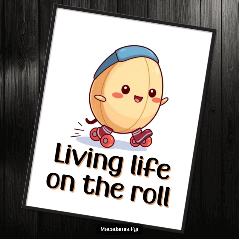 Funny Free Printable Wall Art: A macadamia nut wearing tiny roller skates, speeding downhill with pure joy.