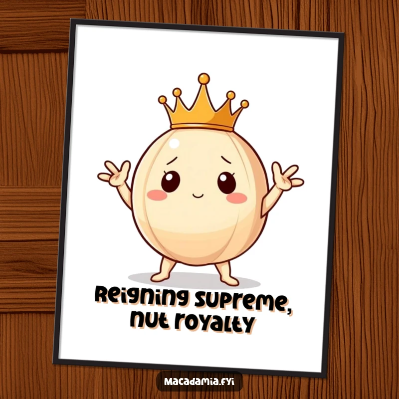 Funny Free Printable Wall Art of a macadamia nut wearing a tiny crown, striking a dramatic and hilarious pose.