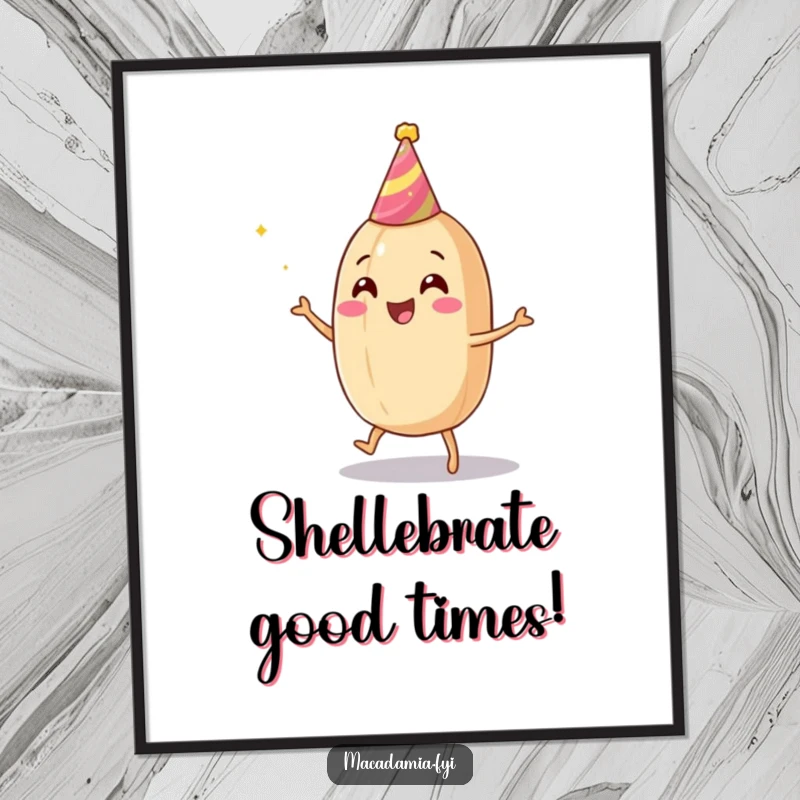 Funny free printable wall art of a macadamia nut character dancing joyfully with a tiny party hat, a whimsical piece.