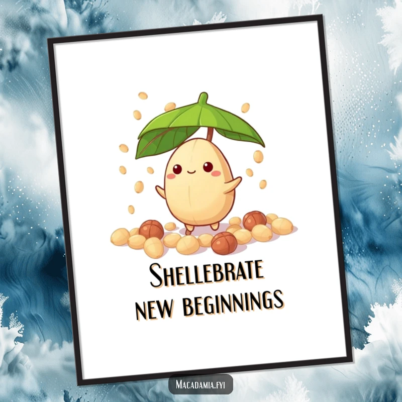 Funny Free Printable Wall Art: A macadamia nut character with a leaf umbrella, happily caught in a drizzle of candy nuts.