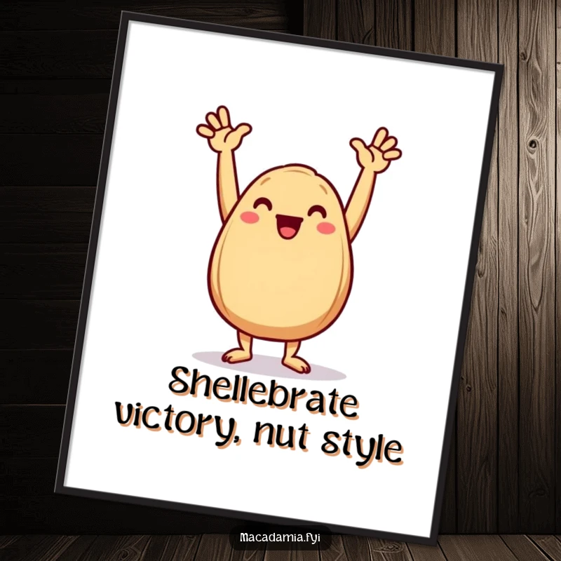 Funny Free Printable Macadamia Nut Wall Art: A happy macadamia nut is striking a triumphant dance pose with its arms in the air.