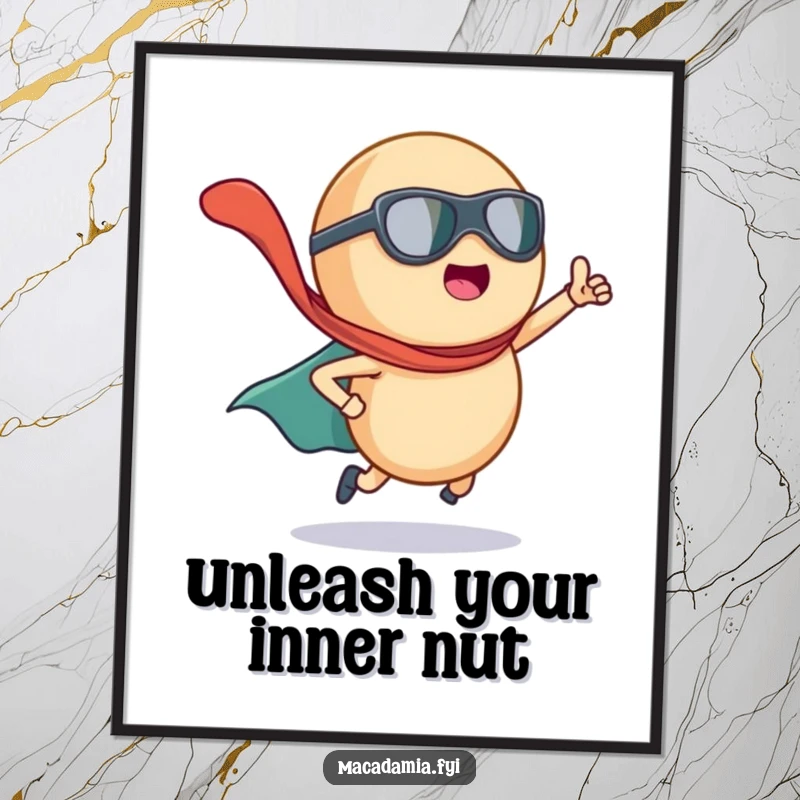 Funny Free Printable Wall Art: A macadamia nut dressed as a superhero, cape flying dynamically, posing with power.