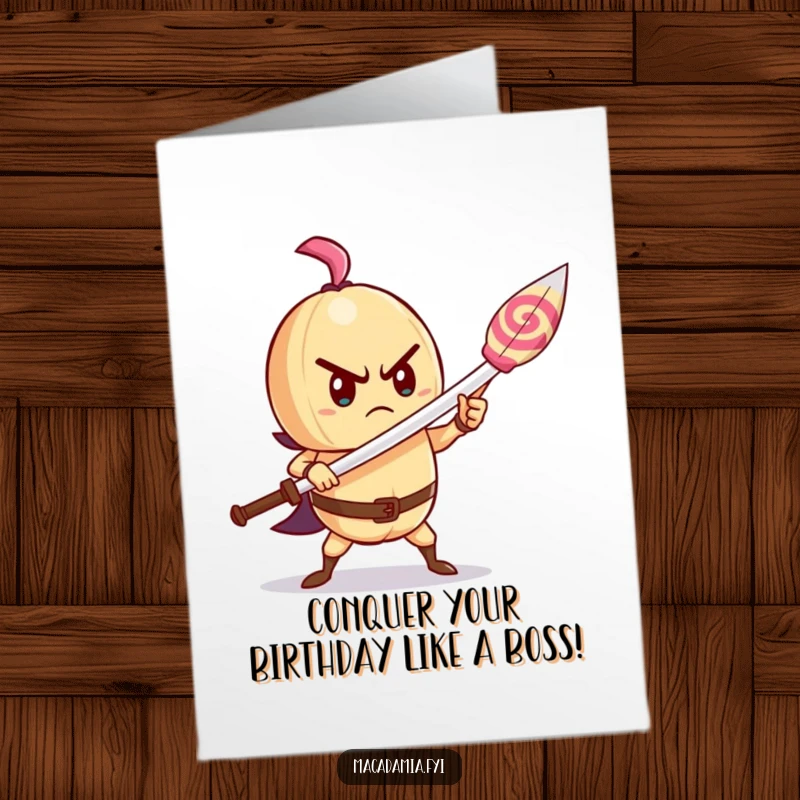 Funny Free Printable Birthday Card: A determined macadamia nut wields a lollipop like a sword for a sweet victory.