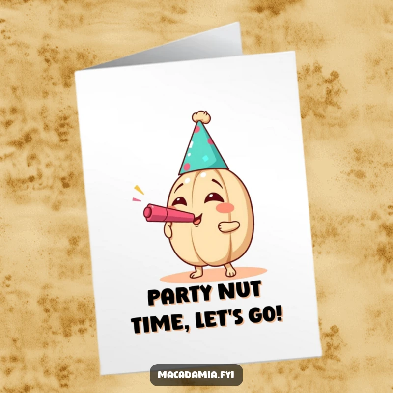 Funny Free Printable Birthday Card: Macadamia nut in party hat blowing noisemaker with hilariously exaggerated joy.