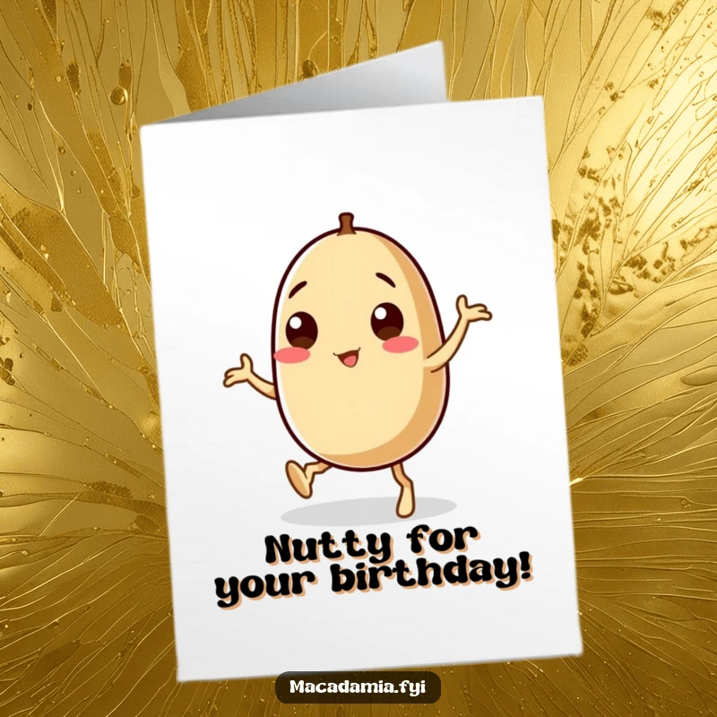 Funny Free Printable Birthday Card: A macadamia nut with wobbly legs doing a chaotic, joyful dance, spreading laughter.