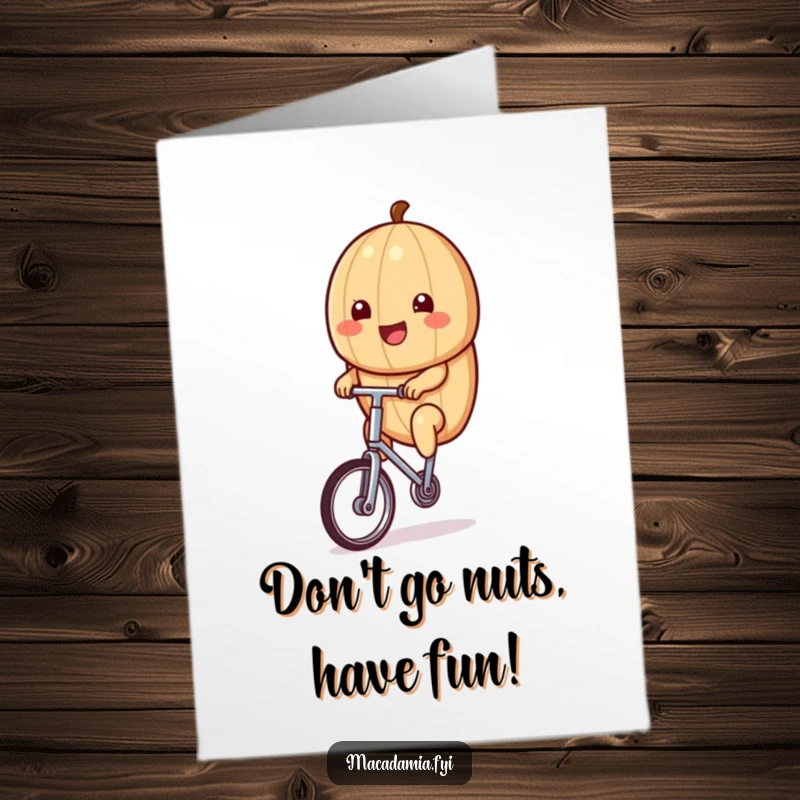 Funny Free Printable Birthday Card: Kawaii macadamia nut rides a unicycle with a huge smile.