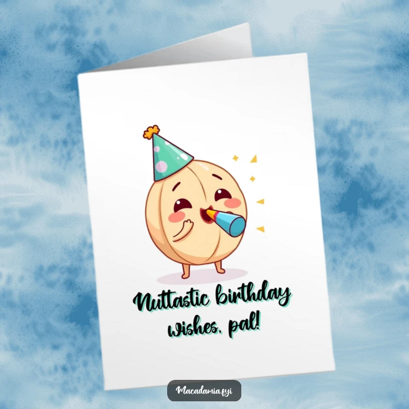 Funny Free Printable Birthday Card: Macadamia nut in a party hat joyfully blowing a noisemaker, ready for celebration.
