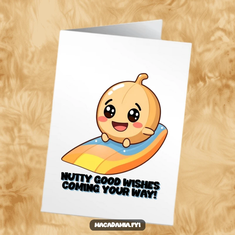 Funny Free Printable Birthday Card featuring a googly-eyed macadamia nut joyfully sliding down a vibrant rainbow.