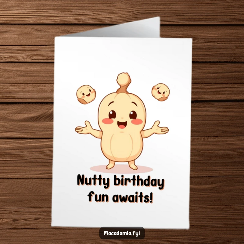 Funny Free Printable Birthday Card: Macadamia nut character happily juggling three small, smiling macadamia nuts, celebrating with skill.