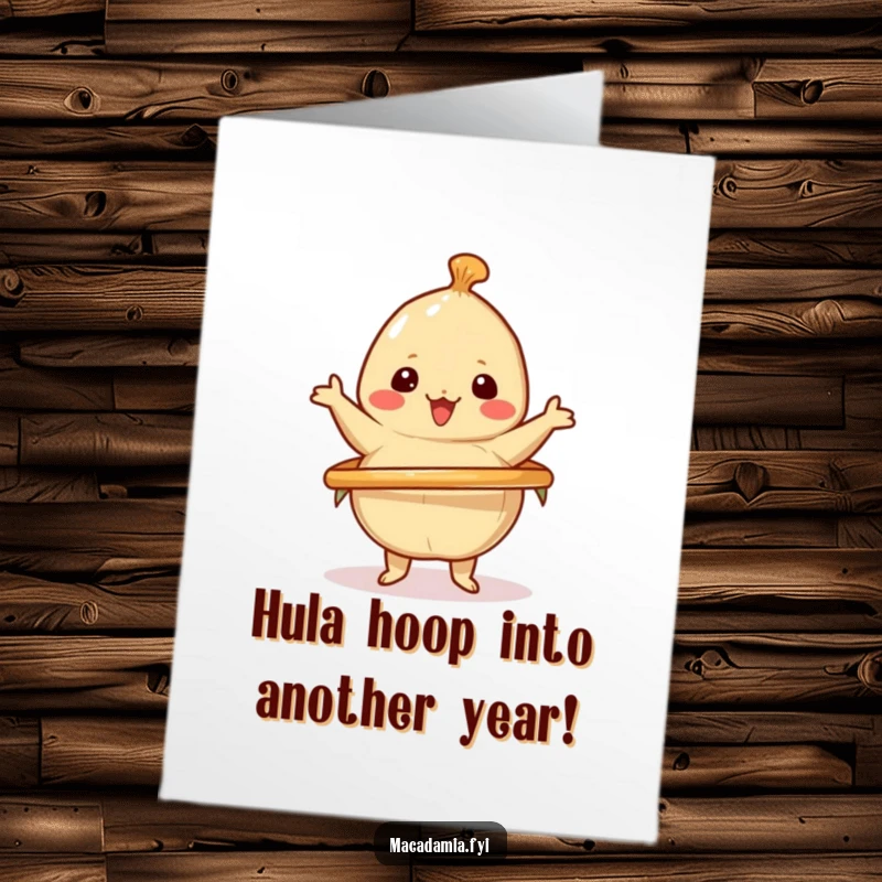 Funny free printable birthday card: A cheerful Kawaii macadamia nut happily spins a colorful hula hoop with great skill.