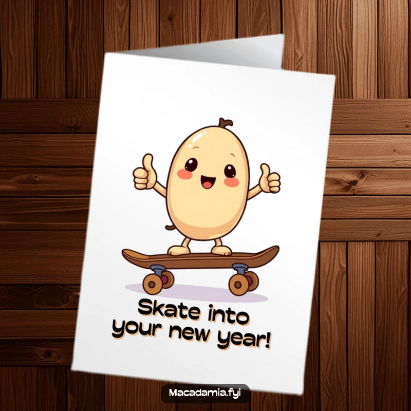 Funny free printable birthday card: A Kawaii macadamia nut balances confidently on a skateboard, giving a positive thumbs up.