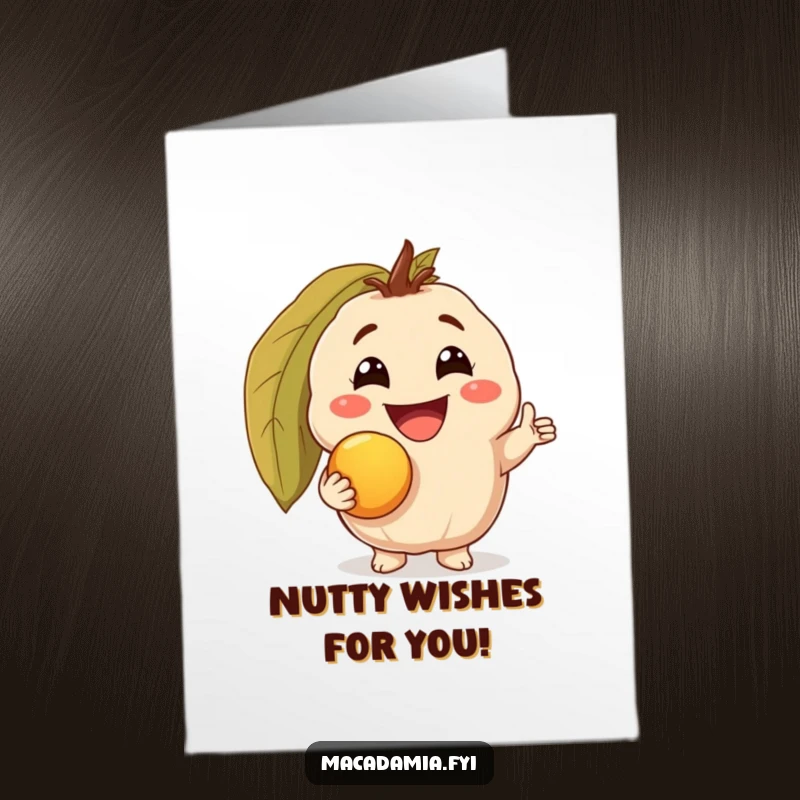 Funny Free Printable Birthday Card: Macadamia nut character grinning triumphantly, holding a shiny golden macadamia nut.