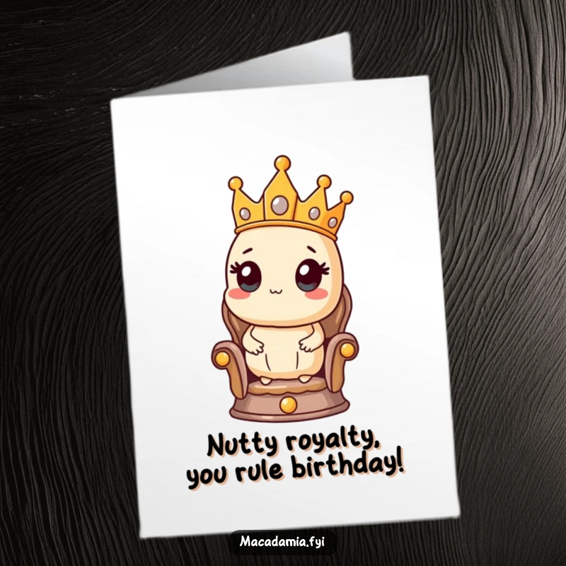 Funny Free Printable Birthday Card: Macadamia nut king sits proudly on tiny throne wearing a crown, ready to celebrate