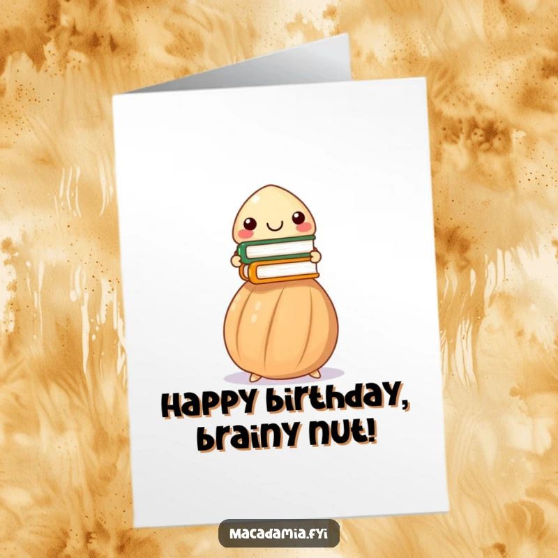 Funny Free Printable Birthday Card: A proud macadamia nut grins while balancing a tall stack of tiny miniature books.