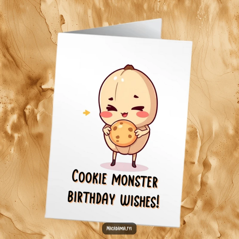 Funny Free Printable Birthday Card: A mischievous macadamia nut winks while holding a tempting tiny cookie suspended in the air.