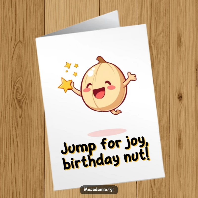 Funny Free Printable Birthday Card: A macadamia nut does a joyful jump as a bright star bursts around it.