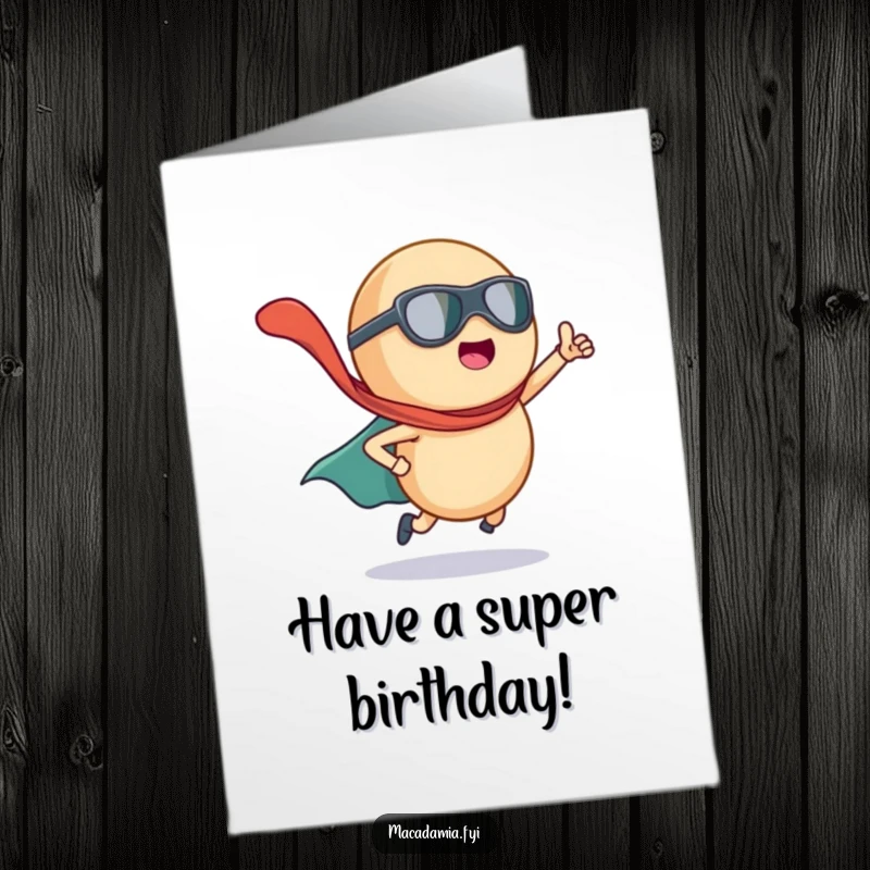 Funny Free Printable Birthday Card: Macadamia nut superhero with cape flying, striking a heroic pose for birthday fun.