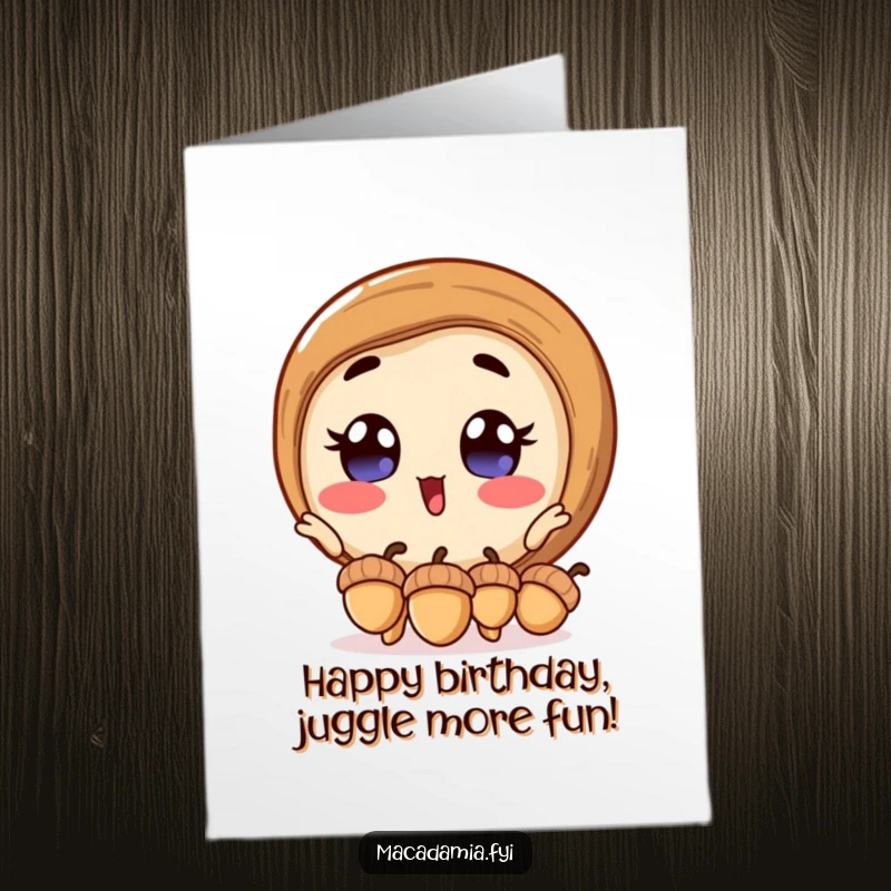 Funny Free Printable Birthday Card: Macadamia nut with wide, excited eyes juggling three miniature acorns skillfully.