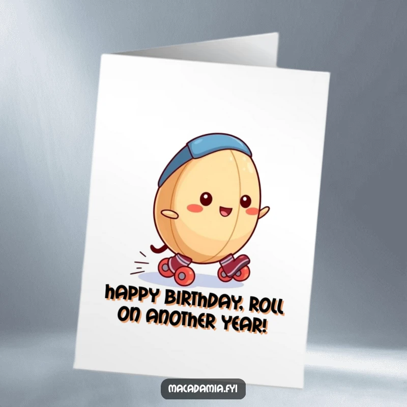 Funny Free Printable Birthday Card: Macadamia nut wearing tiny roller skates, gleefully rolling downhill at high speed.