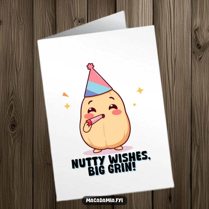 Funny Free Printable Birthday Card: Kawaii macadamia nut in party hat joyfully blowing a noisemaker, instantly downloadable.