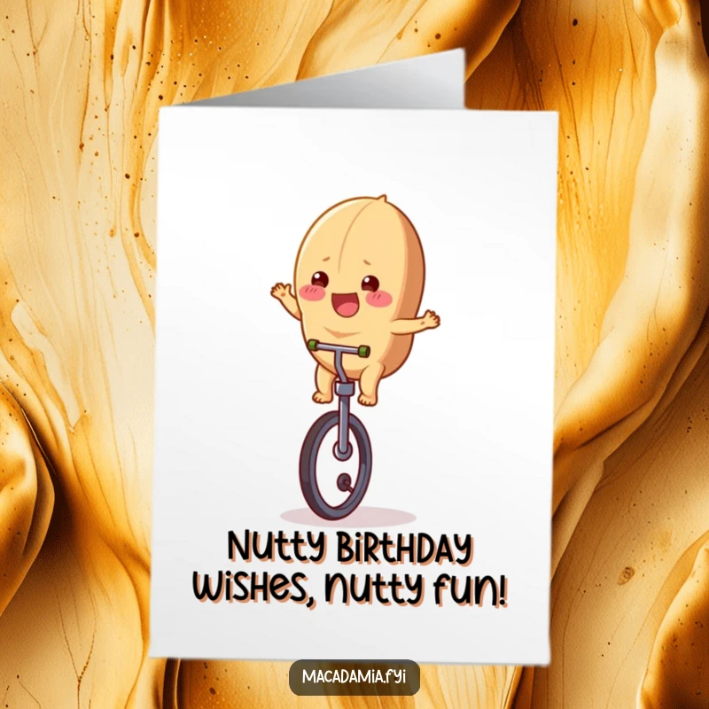 Funny Free Printable Birthday Card: A joyful macadamia nut wobbles on a unicycle, ready to celebrate your special day.