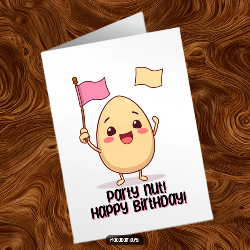 Funny Free Printable Birthday Card: A macadamia nut excitedly waves a tiny flag with a comical face.