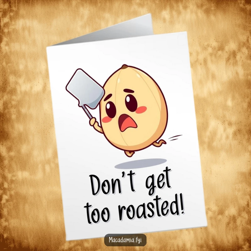 Funny Free Printable Macadamia Nut Birthday Card: A surprised nut narrowly dodging a flying spatula at high speed.
