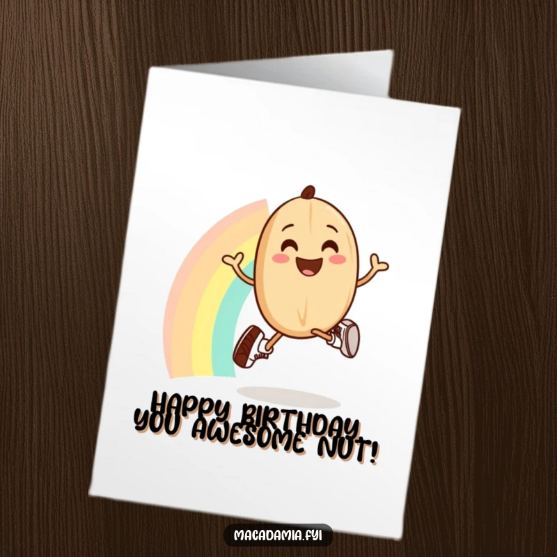 Funny Free Printable Birthday Card: A smiling macadamia nut in tiny running shoes jogs gleefully across a vibrant rainbow.