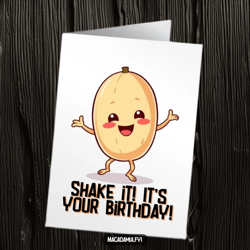 Funny Free Printable Birthday Card featuring a macadamia nut character performing a wild, exaggerated, silly dance with joyous abandon, full of movement.