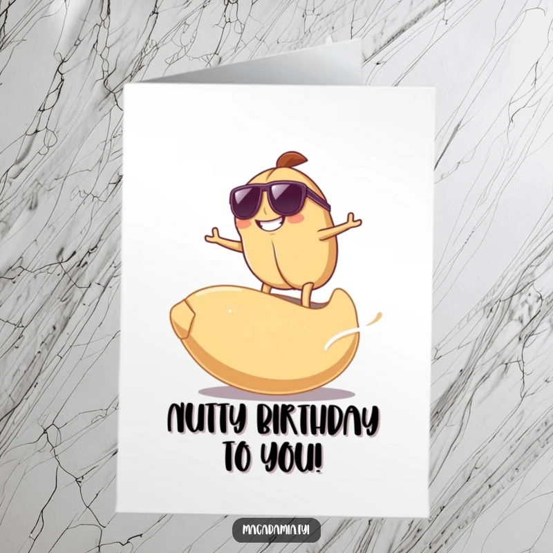Funny Free Printable Birthday Card: Macadamia nut in sunglasses surfing a giant cashew nut, grinning with cool vibes.