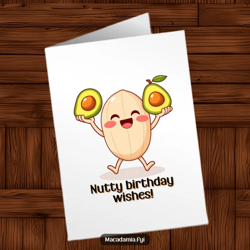 Funny Free Printable Birthday Card: A smiling macadamia nut happily juggles three shiny avocados.