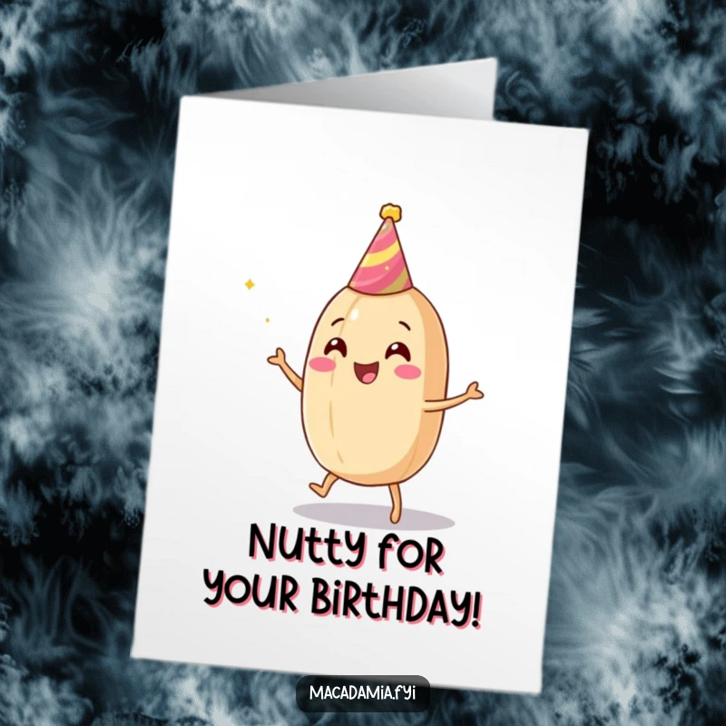 Funny free printable birthday card of a cheerful macadamia nut character celebrating with a tiny party hat, dancing joyfully.
