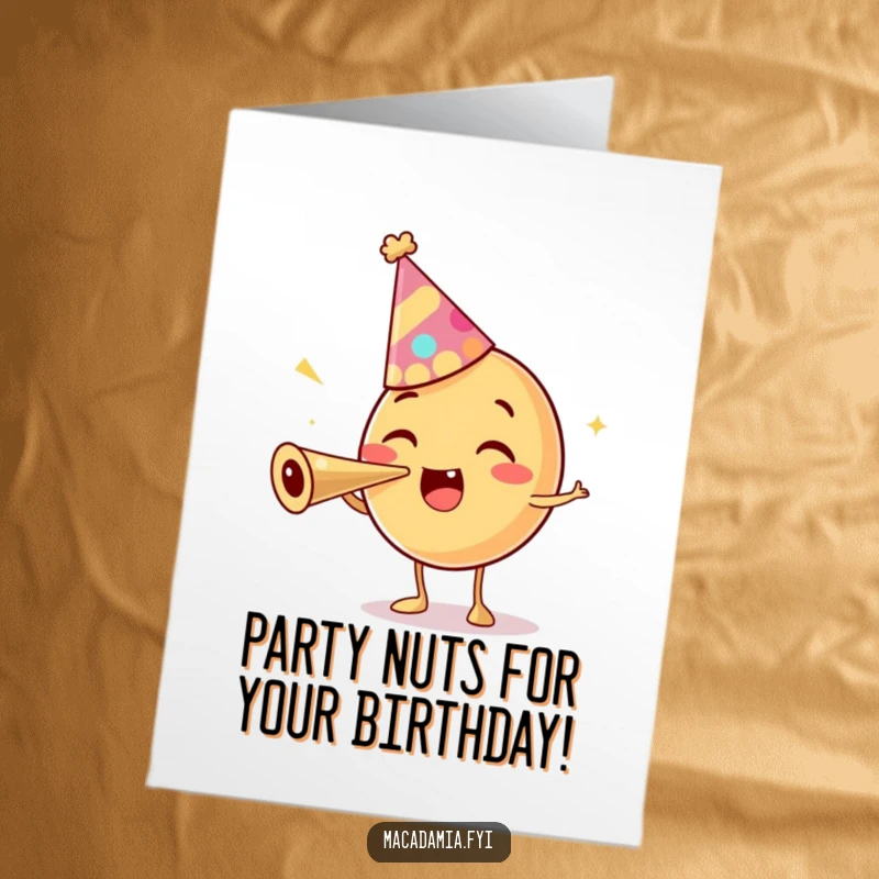 Funny Free Printable Birthday Card: A macadamia nut character wearing a party hat, joyfully blasting a party horn.