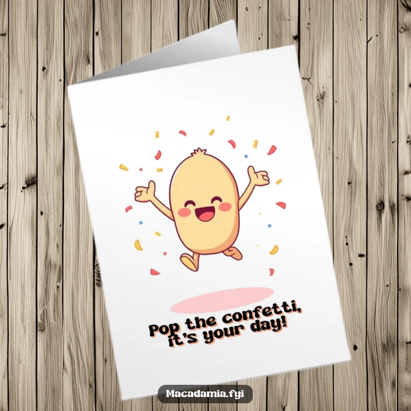 Funny Free Printable Birthday Card: Kawaii macadamia nut leaps joyfully, tossing confetti.