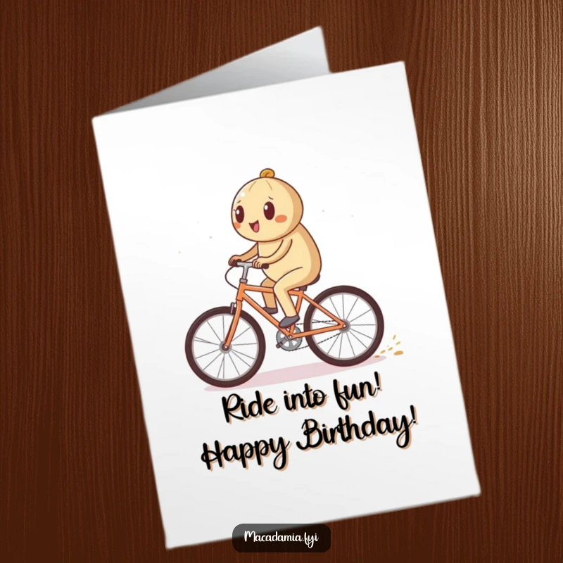 Funny Free Printable Birthday Card featuring a macadamia nut character cycling fast, leaving a magical trail of sparkles for a joyous birthday ride.