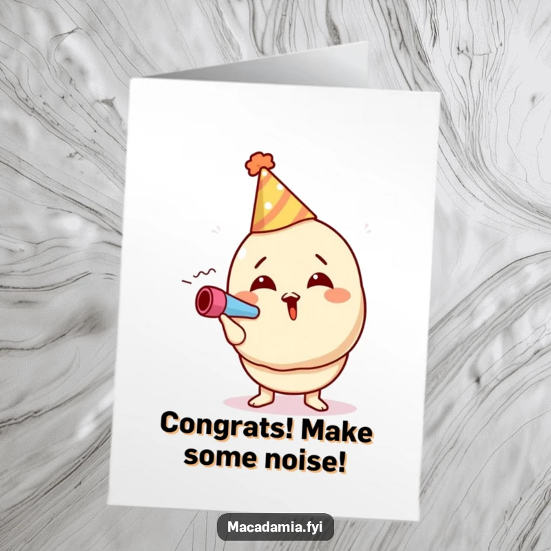 Funny free printable congratulations card: a macadamia nut character wearing a party hat, vigorously blowing a noisemaker in celebration.